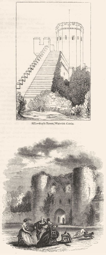 WARCS. Guy's Tower, Warwick Castle; Tunbridge 1845 old antique print picture