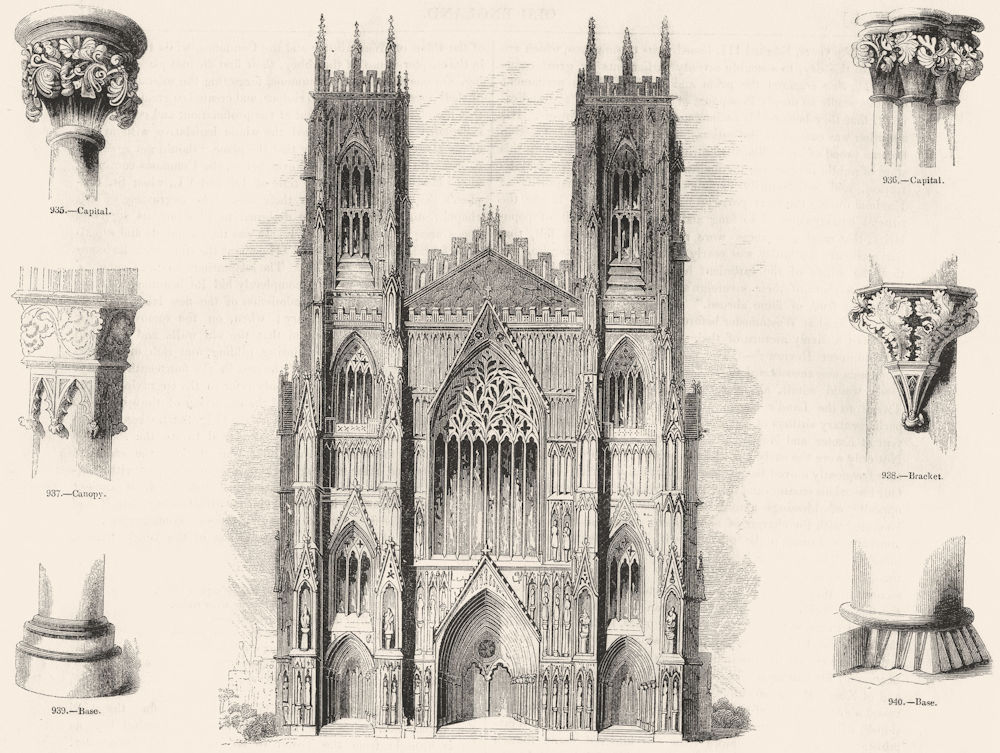 YORKS. Capital; Canopy; Base; York Minster; ; Bracket;  1845 old antique print