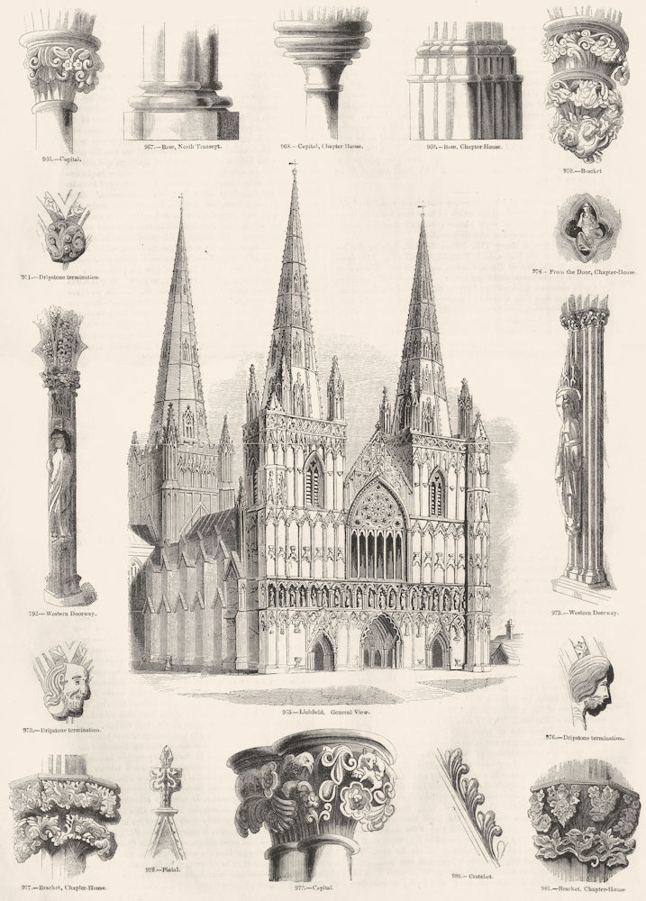 LICHFIELD CATHEDRAL. Finial, Crotchet, Dripstone 1845 old antique print