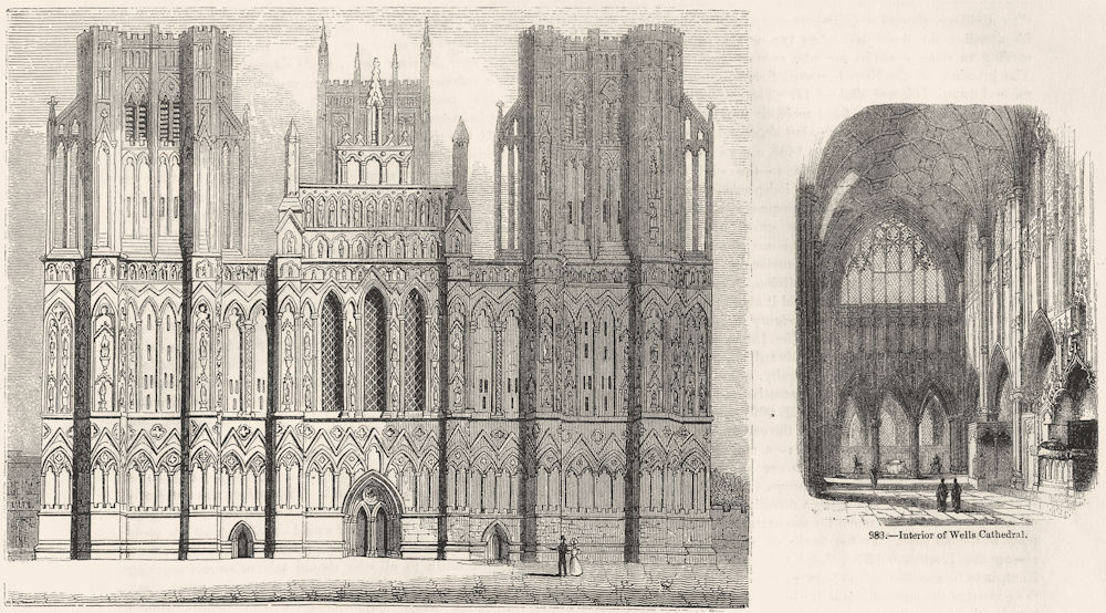 SOMT. Cathedral of Wells;  1845 old antique vintage print picture