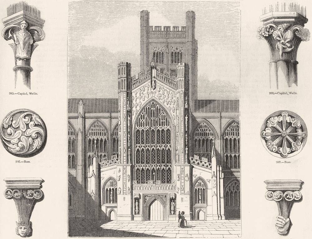 BATH ABBEY. Church; Capital, Wells; Boss; Bracket;  1845 old antique print