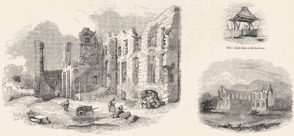 LEICS. Leicester Abbey; Lich gate, Beckenham; Tintern 1845 old antique print