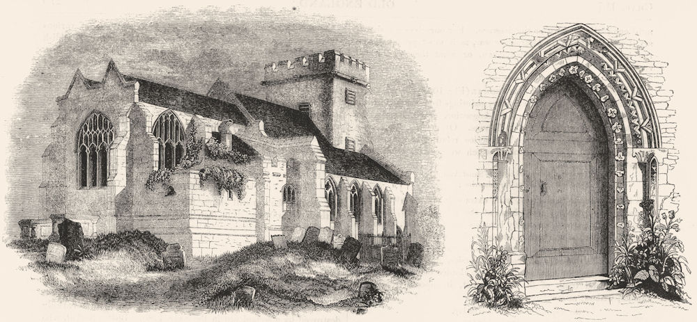 CHURCHES. Stone Church; South Door of 1845 old antique vintage print picture