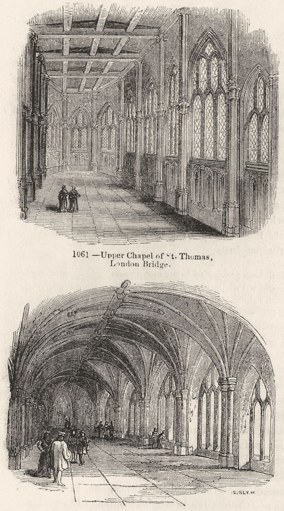 LONDON. Upper, Lower Chapels, St Thomas, London Bridge 1845 old antique print
