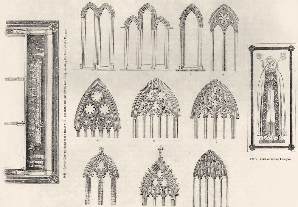 CHURCH WINDOWS. 13th, 14th Centuries; Bishop Compton 1845 old antique print