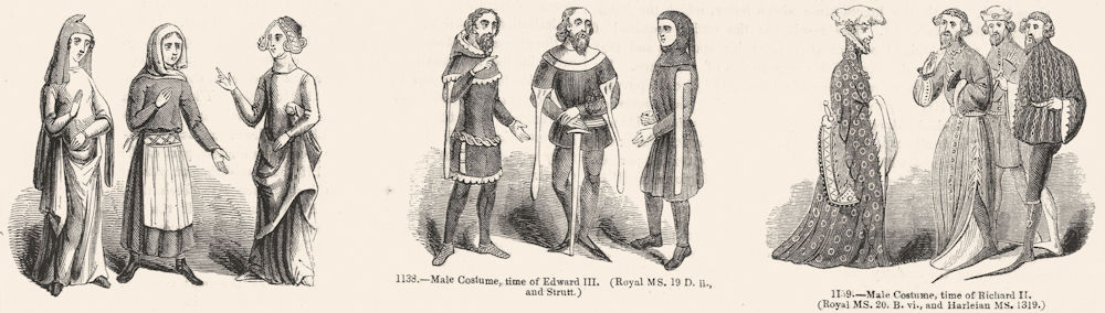 Associate Product COSTUME. Time of Edward II & III, Richard 1845 old antique print picture