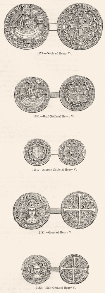 ROYALTY. Noble of Henry V; Half-V; Quarter-V; Groat V;  1845 old antique print