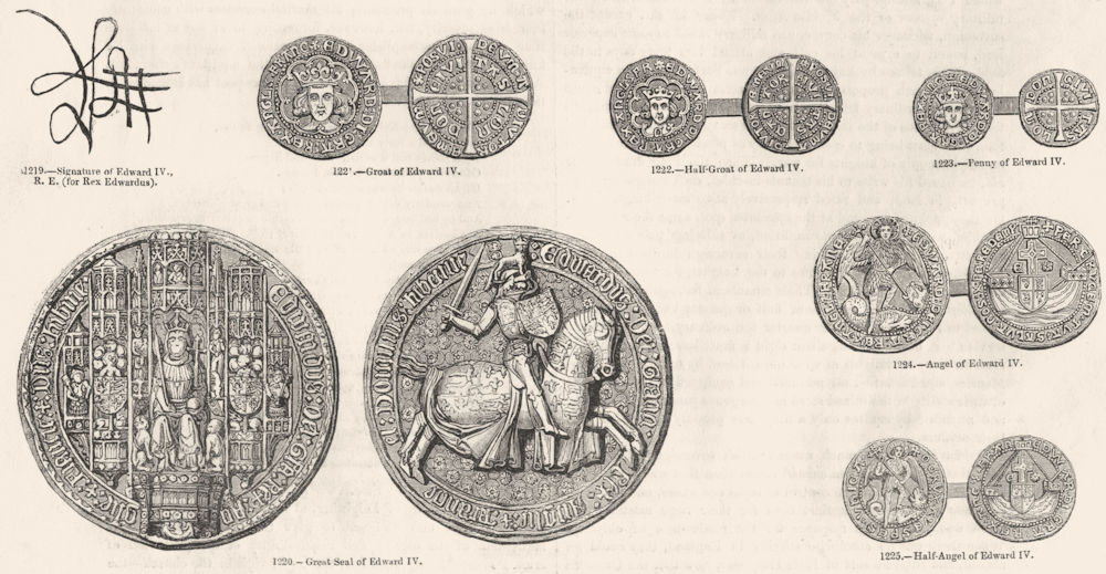 EDWARD IV. Signature; Groat; Half-; Penny; Seal; Angel; - 1845 old print