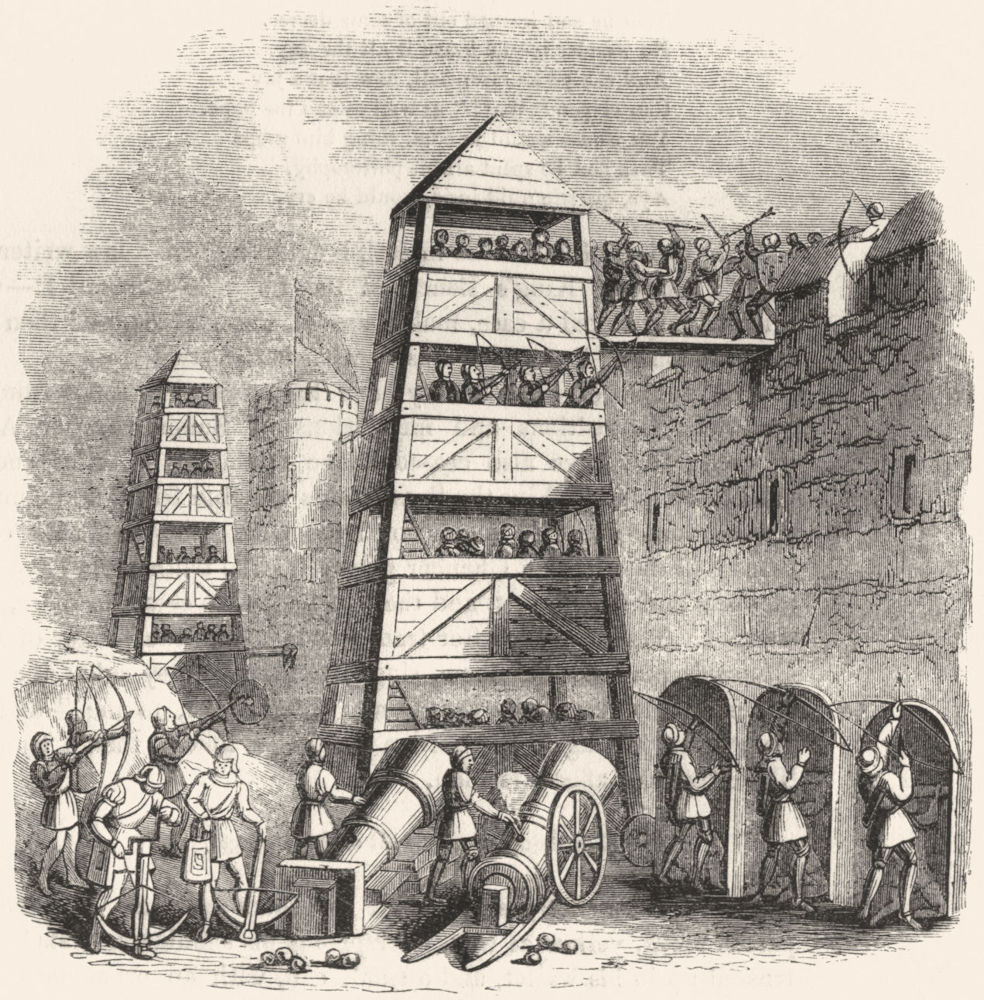 SIEGES. Breach-Tower; Archer, pavison; cannon, crossbow 1845 old antique print