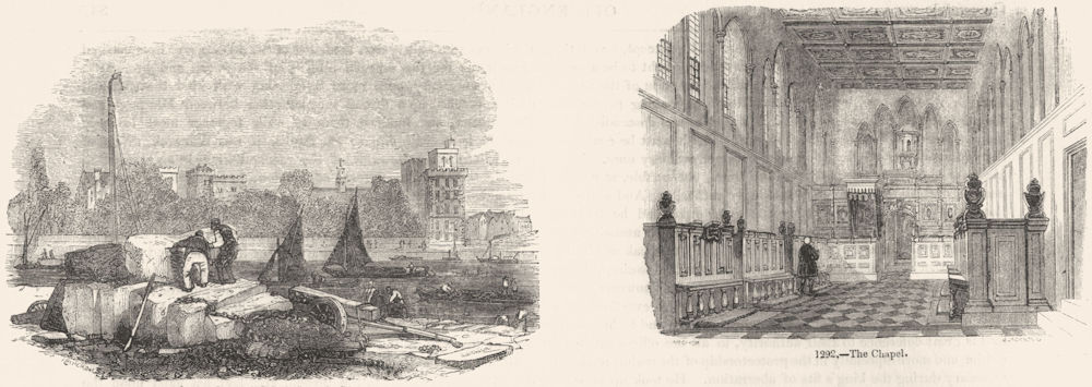 LONDON. Lambeth Palace, River; Chapel 1845 old antique vintage print picture