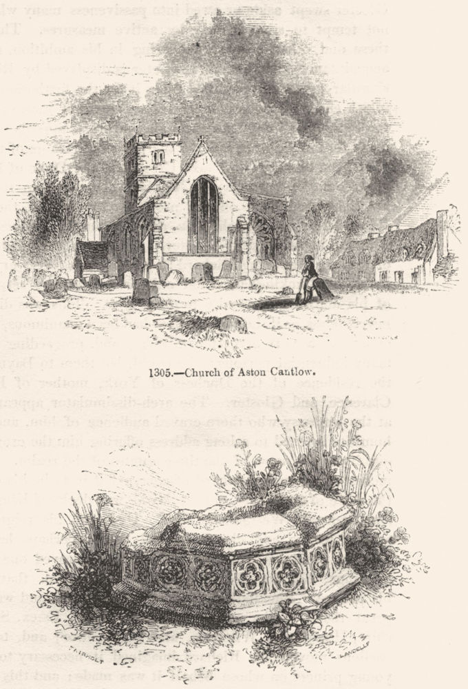 WARCS. Church Aston Cantlow; Font, ex in Stratford 1845 old antique print