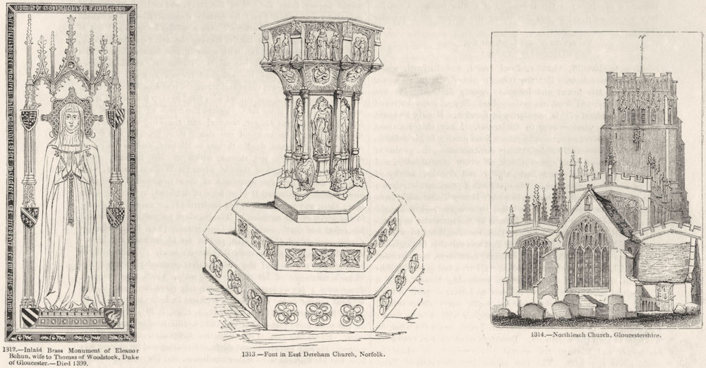 CHURCHES. Eleanor Bohun; East Dereham; Northleach 1845 old antique print
