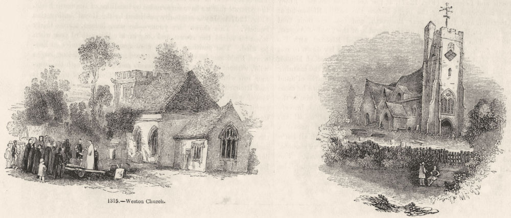 SURREY. Weston Church; Leatherhead 1845 old antique vintage print picture