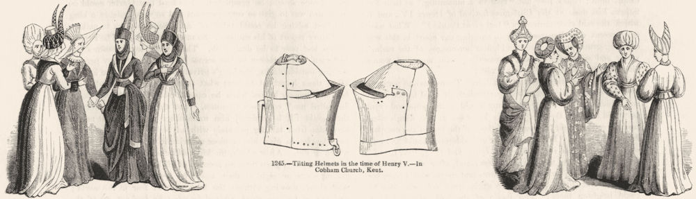 DRESS. Time of Edward IV, Henry VI; V Tilting Helmets 1845 old antique print