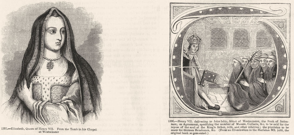HENRY VII. Queen, Elizabeth; Islip, Book of Indenture 1845 old antique print