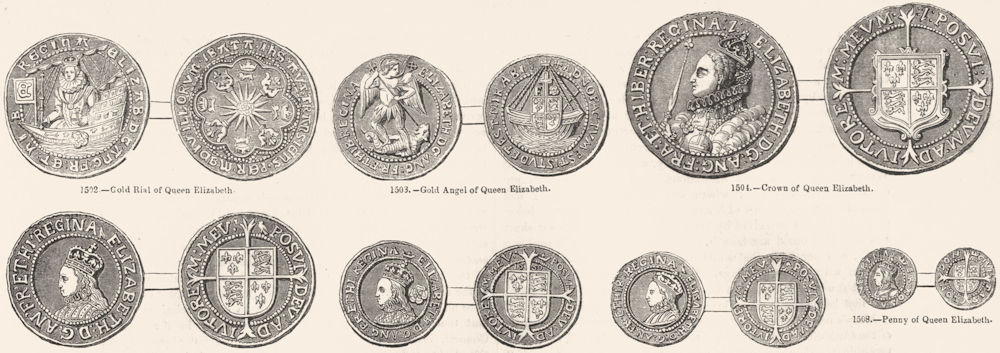 COINS. Elizabeth I. Gold rial, Angel; Crown, Shilling 1845 antique print