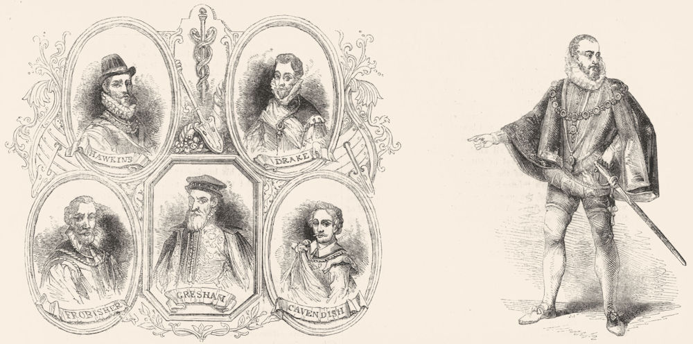 HOWARD. & Gresham, Drake, Cavendish, Frobisher, Hawkins 1845 old antique print