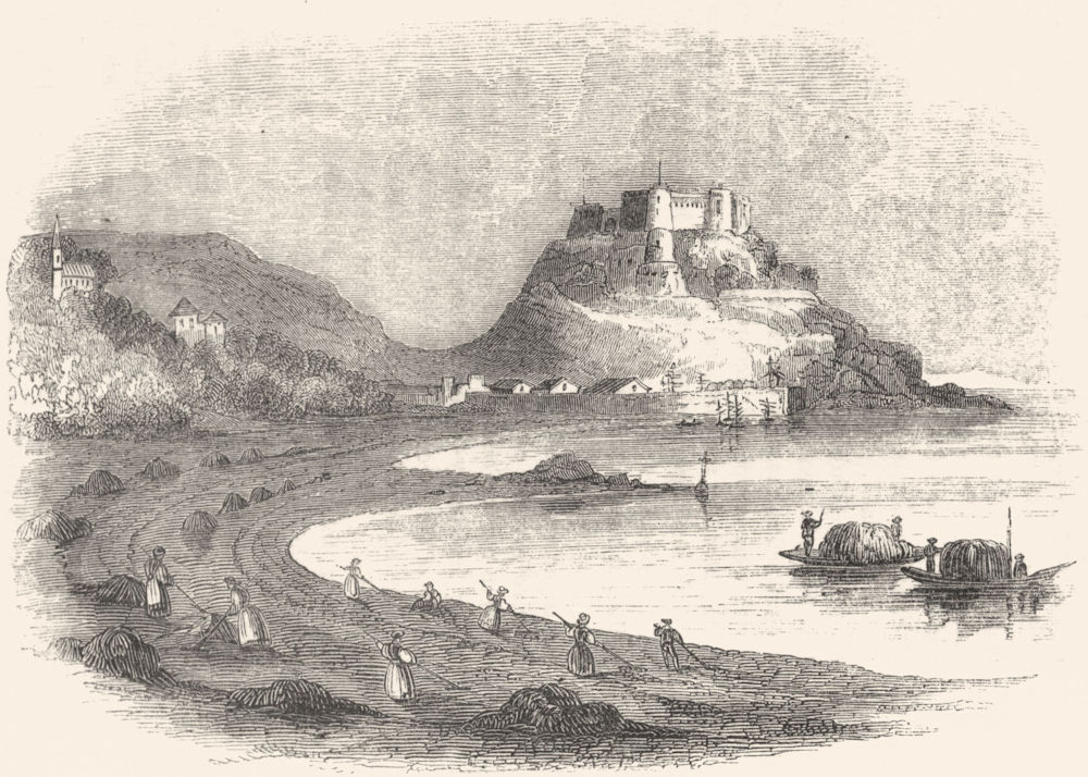 MOUNT ORGUEIL CASTLE. Women gathering sea-weed 1845 old antique print picture
