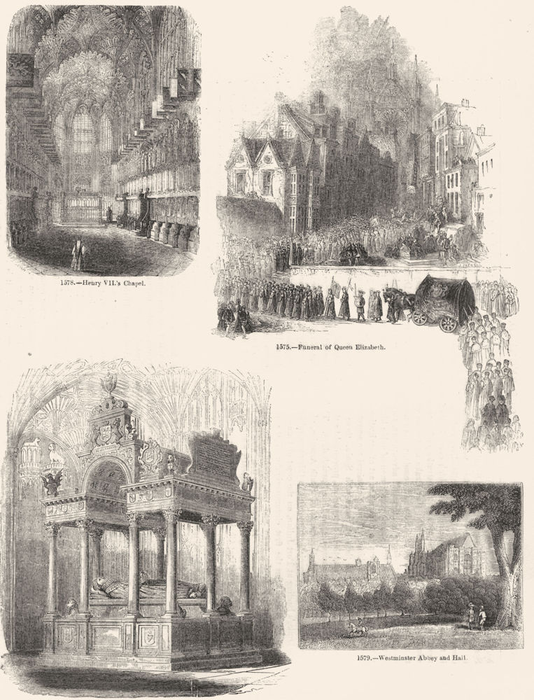 ELIZABETH I. Tomb, Funeral; Henry VII Chapel 1845 old antique print picture