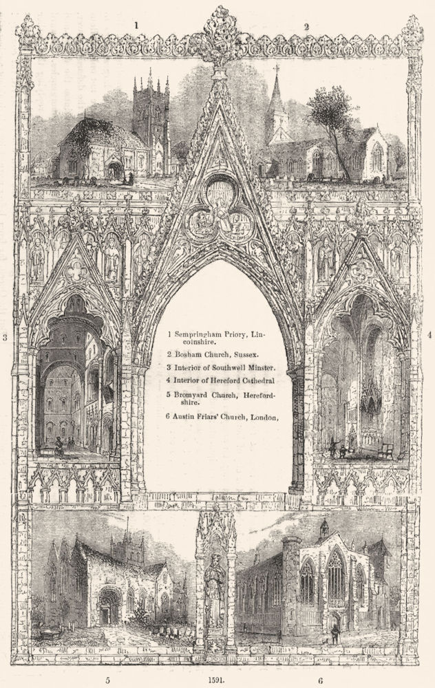 CHURCHES. Sempringham, Bosham, Southwell, Bromyard 1845 old antique print