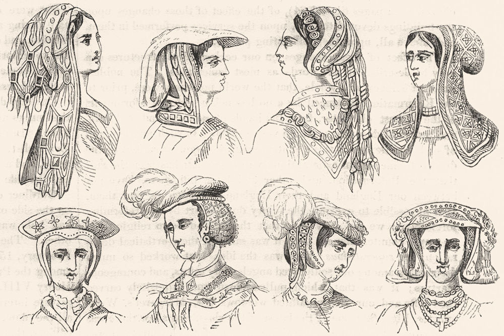PRETTY LADIES. Ladies Head-dresses, 16th Century 1845 old antique print
