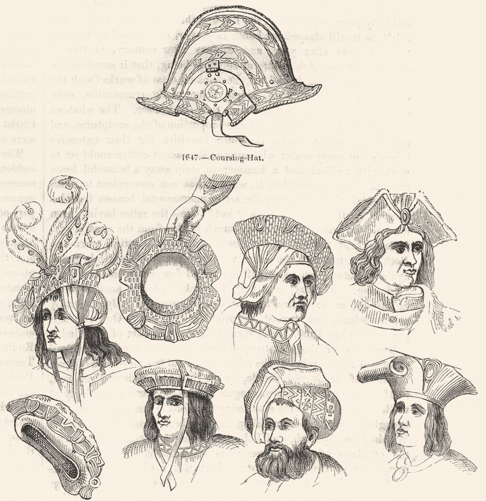HATS. Caps & bonnets of 16th Century 1845 old antique vintage print picture