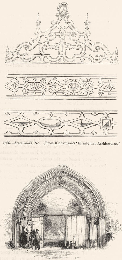 WORCS. Elizabethan scroll-work; gateway, Evesham 1845 old antique print