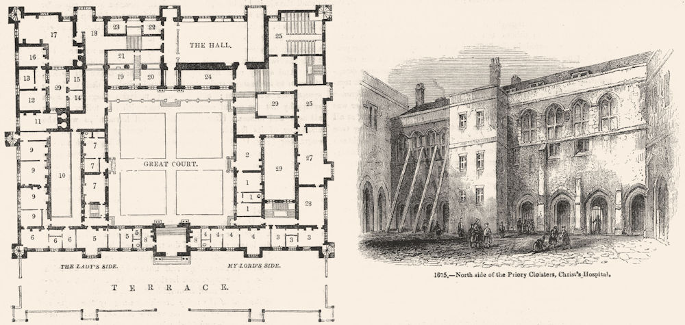 Associate Product SUSSEX. Buckhurst House plan; Priory, Christs Hosp'l 1845 old antique print