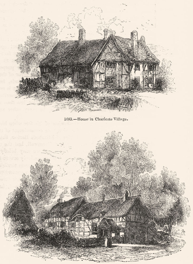 CHARLECOTE. House in Village; Shottery Cottage 1845 old antique print picture