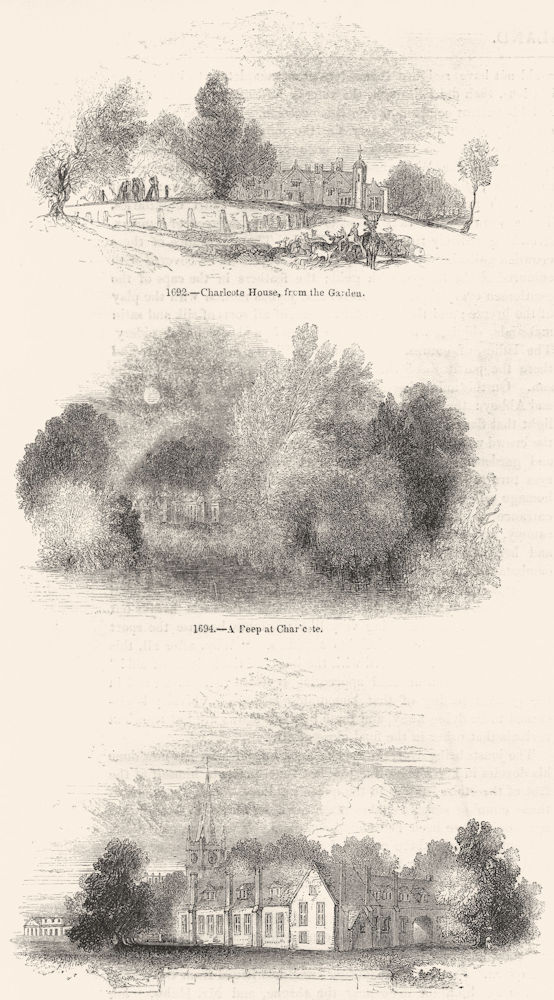 CHARLECOTE. house, garden; Peep; college Stratford 1845 old antique print