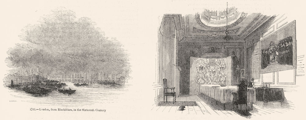 LONDON. Fm Blackfriars, 16C; Barber-Surgeon Hall 1845 old antique print