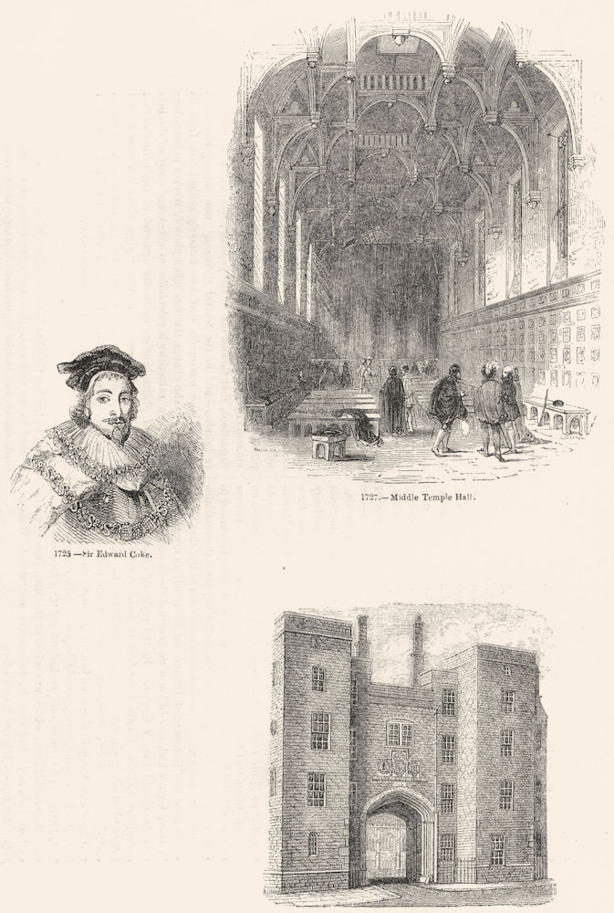 MIDDLE TEMPLE. Edward Coke; Hall; Lincoln's Inn 1845 old antique print picture