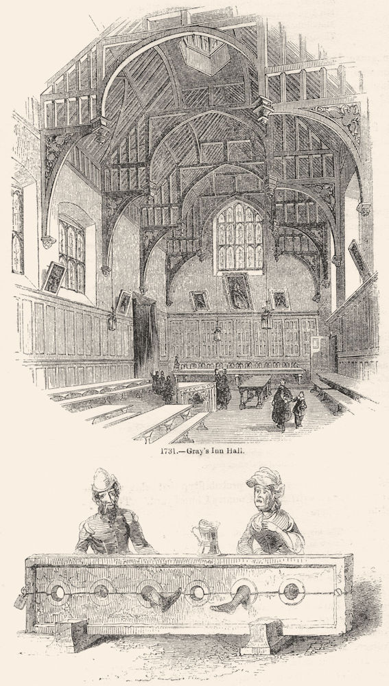 Associate Product LONDON. Gray's Inn Hall; Man & Woman in Stocks 1845 old antique print picture