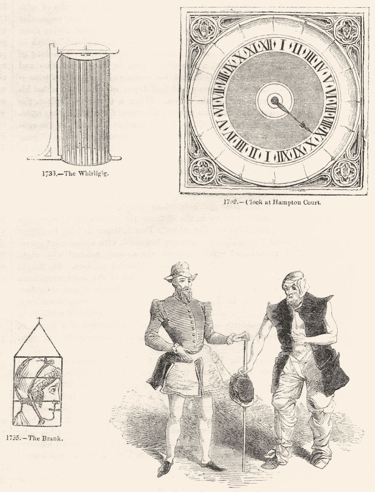 #. Whirligig; Hampton Ct clock; Brank; Genings, Blunt 1845 old antique print