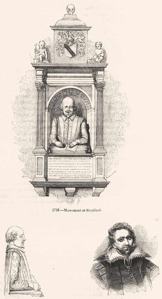 WARCS. Monument, Stratford; Bust; Ben Jonson 1845 old antique print picture