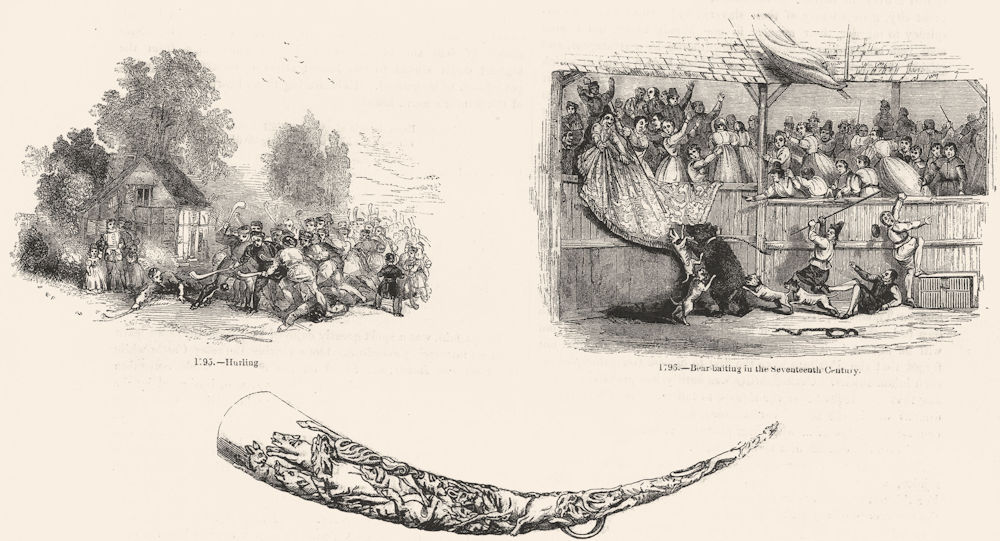 SPORT. Hurling; Bear-baiting 17C; 16C Hunting-Horn 1845 old antique print