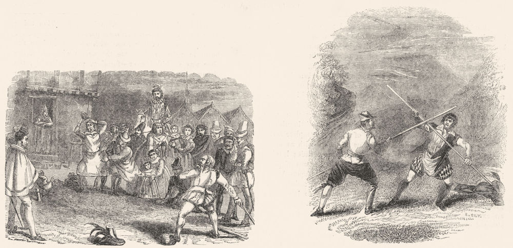 RELIGIOUS. Cock-throwing. Shrove; Quarter-staff 1845 old antique print picture