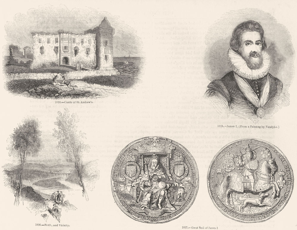 SCOTLAND. St Andrew's Castle; James I; Perth; I seal 1845 old antique print