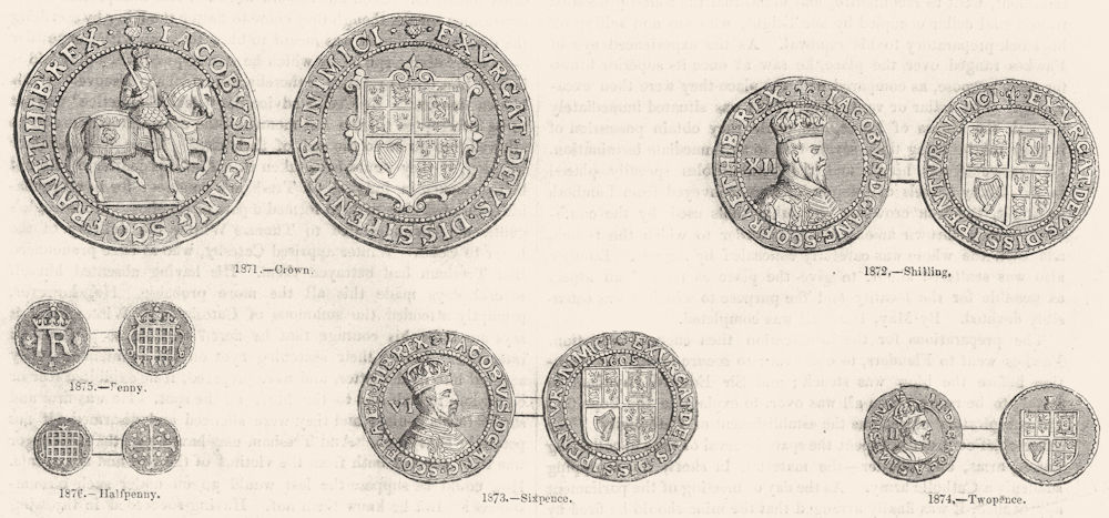 COINS. James I; Crown; Penny; Hapenny; Shilling; 2 pence 1845 old print
