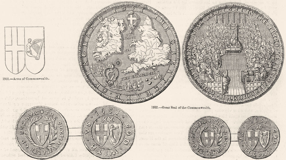 COINS. Commonwealth. Arms, seal, 20 & 10 shillings 1845 old antique print