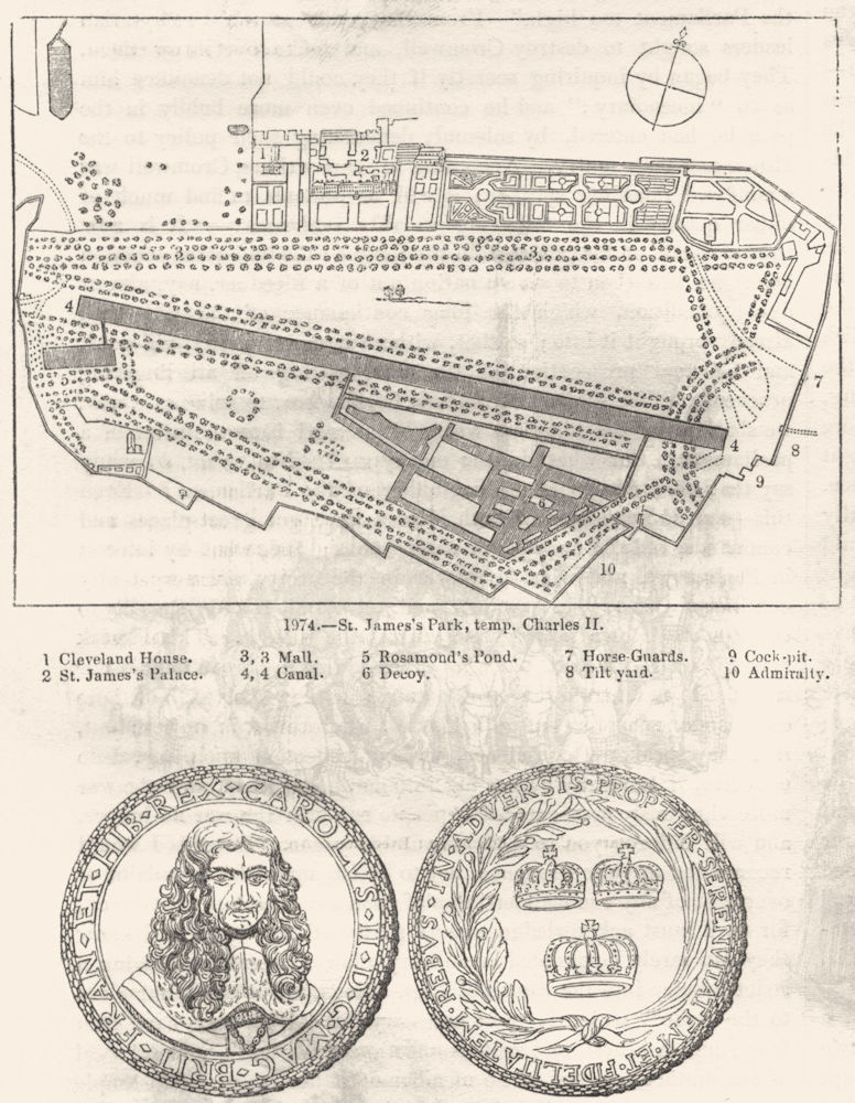 ST JAMESS PARK. Charles II's time; Restoration Medal 1845 old antique print