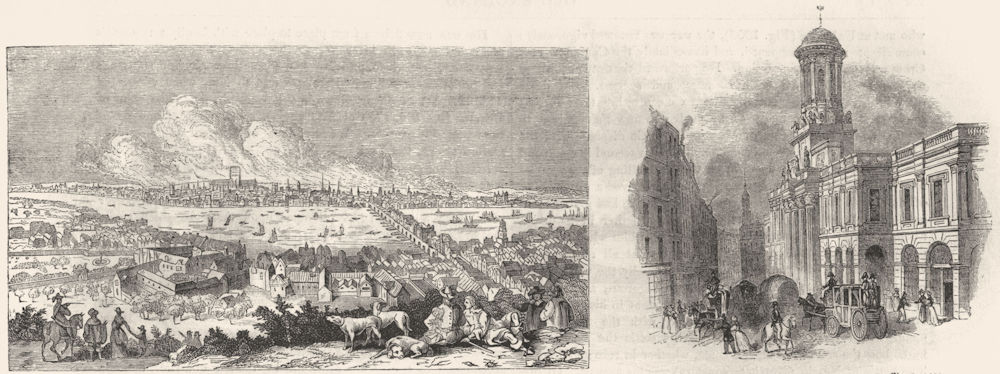 LONDON. Gt fire; Royal Exchange, pre 1838 1845 old antique print picture