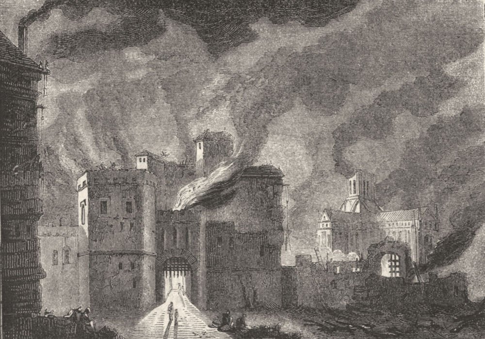 NEWGATE. Burning of . Old St Paul's, background 1845 antique print picture