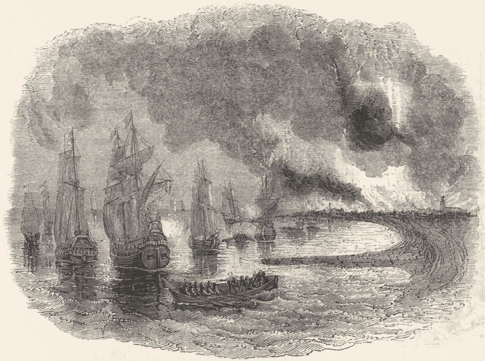 MEDWAY. Dutch Fleet, Burning Sheerness(Charles II) 1845 old antique print