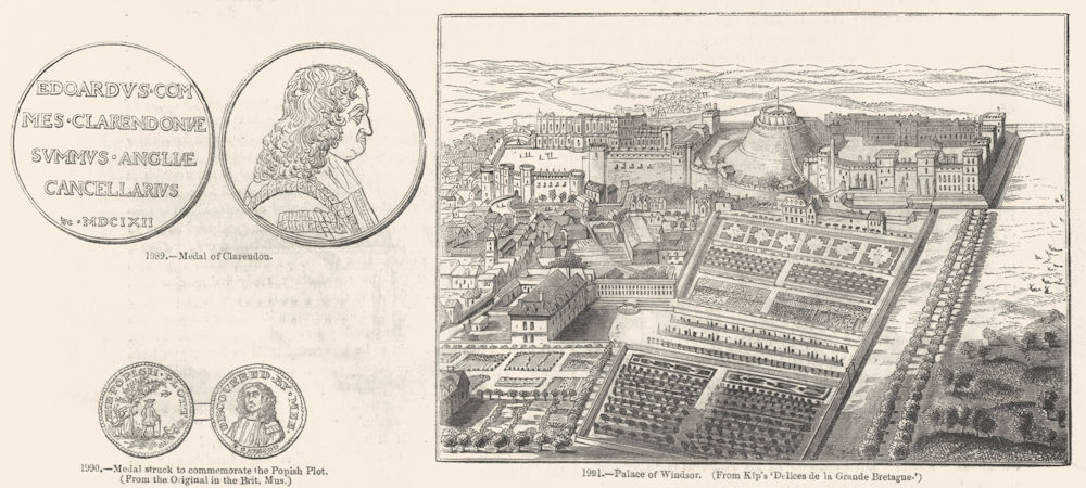 PALACE OF WINDSOR. & Clarendon, Popish plot medals 1845 old antique print