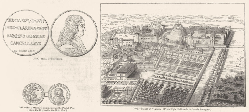 Associate Product PALACE OF WINDSOR. & Clarendon, Popish plot medals 1845 old antique print