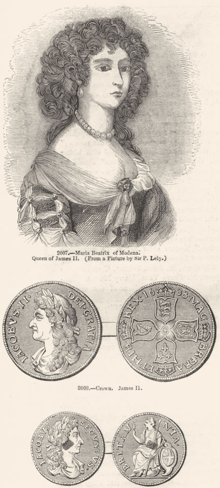 JAMES II. Maria Beatrix Modena, Queen; Crown, Hapenny 1845 old antique print
