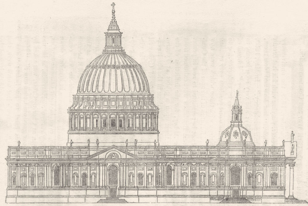 LONDON. Christopher Wren's 1st design for St Paul's 1845 old antique print