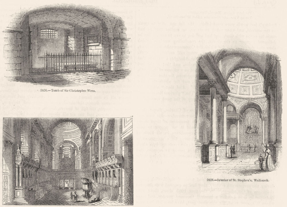 ST PAUL'S. Wren's Tomb & Choir; Stephen's, Walbrook 1845 old antique print