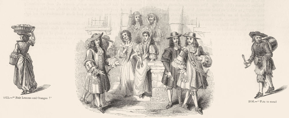 MERCHANTS. Fruit, pots; gentry costumes 1687 1845 old antique print picture